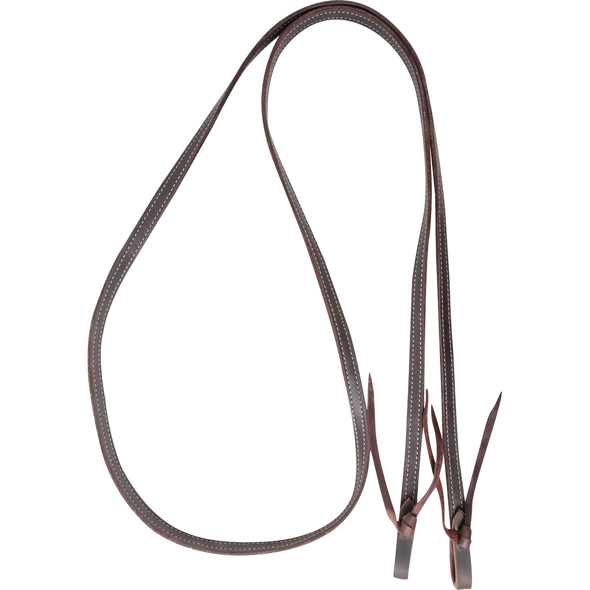 Double-stitched latigo roping rein, looped and seen from above. White stitching edges the 5/8-inch rein along its length, down to the tied water loop ends.