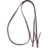 Double-stitched latigo roping rein, looped and seen from above. White stitching edges the 5/8-inch rein along its length, down to the tied water loop ends.
