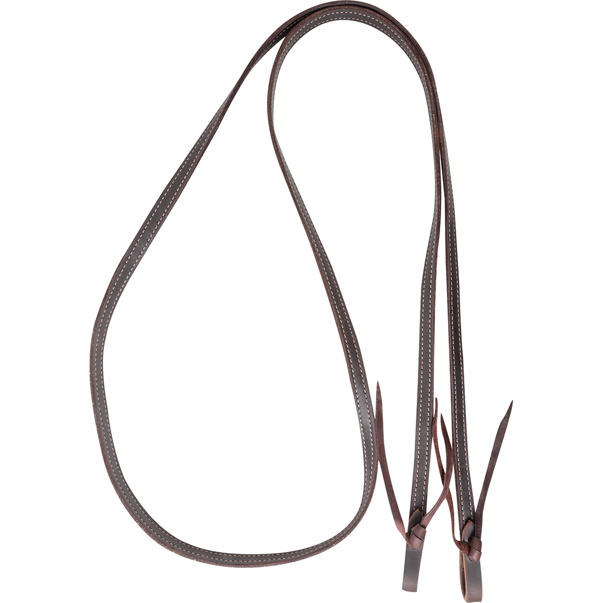 Double-stitched latigo roping rein, looped and seen from above. White stitching edges the 5/8-inch rein along its length, down to the tied water loop ends.