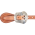Salinas buckle on a natural harness leather spur strap, seen up close. Scroll engraving covers the shaped buckle, with white stitching on the strap around it.
