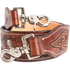 Swivel snaps on a rolled floral tooled rope can strap, seen up close. The chestnut leather folds through each snap, with white stitching around the tooled ends.