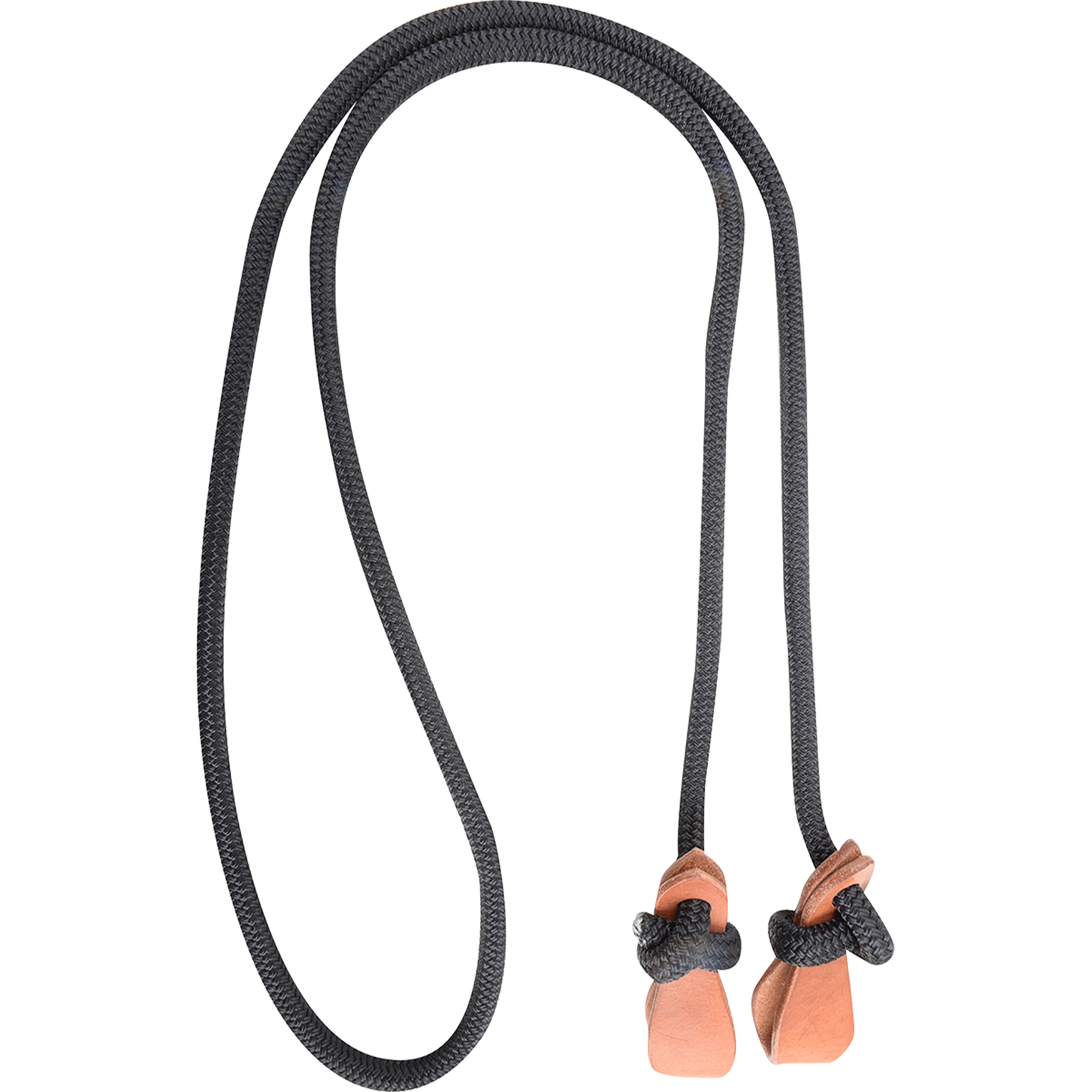 Black braided rope rein, looped and seen from above. Each end of the 1/2-inch rope is knotted through a leather tab.
