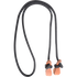 Black braided rope rein, looped and seen from above. Each end of the 1/2-inch rope is knotted through a leather tab.