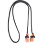 Black braided rope rein, looped and seen from above. Each end of the 1/2-inch rope is knotted through a leather tab.