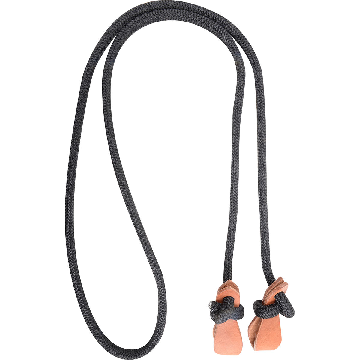 Black braided rope rein, looped and seen from above. Each end of the 1/2-inch rope is knotted through a leather tab.