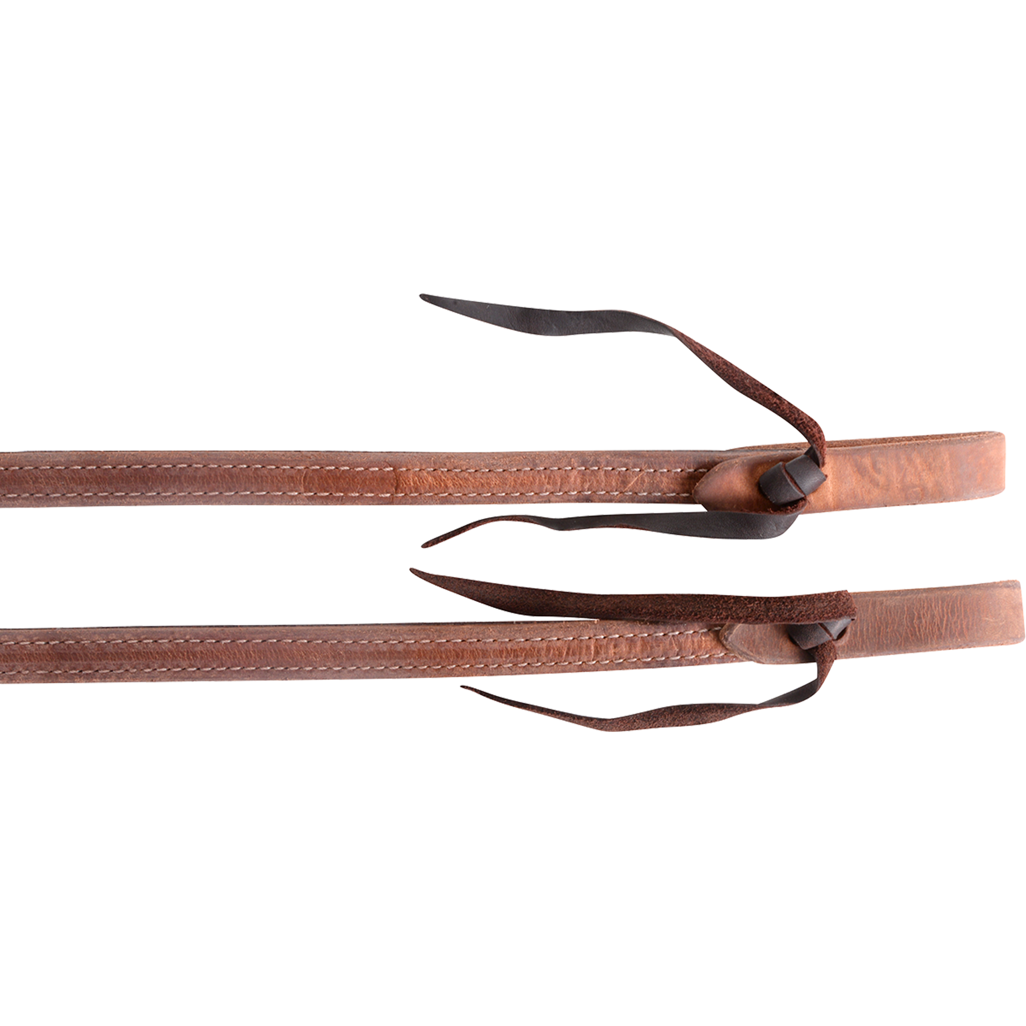 Tied ends of heavy harness and latigo split reins, seen up close. White stitching runs along the harness leather face, and dark ties hold the folded ends.
