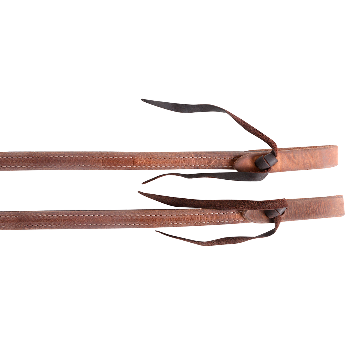 Tied ends of heavy harness and latigo split reins, seen up close. White stitching runs along the harness leather face, and dark ties hold the folded ends.