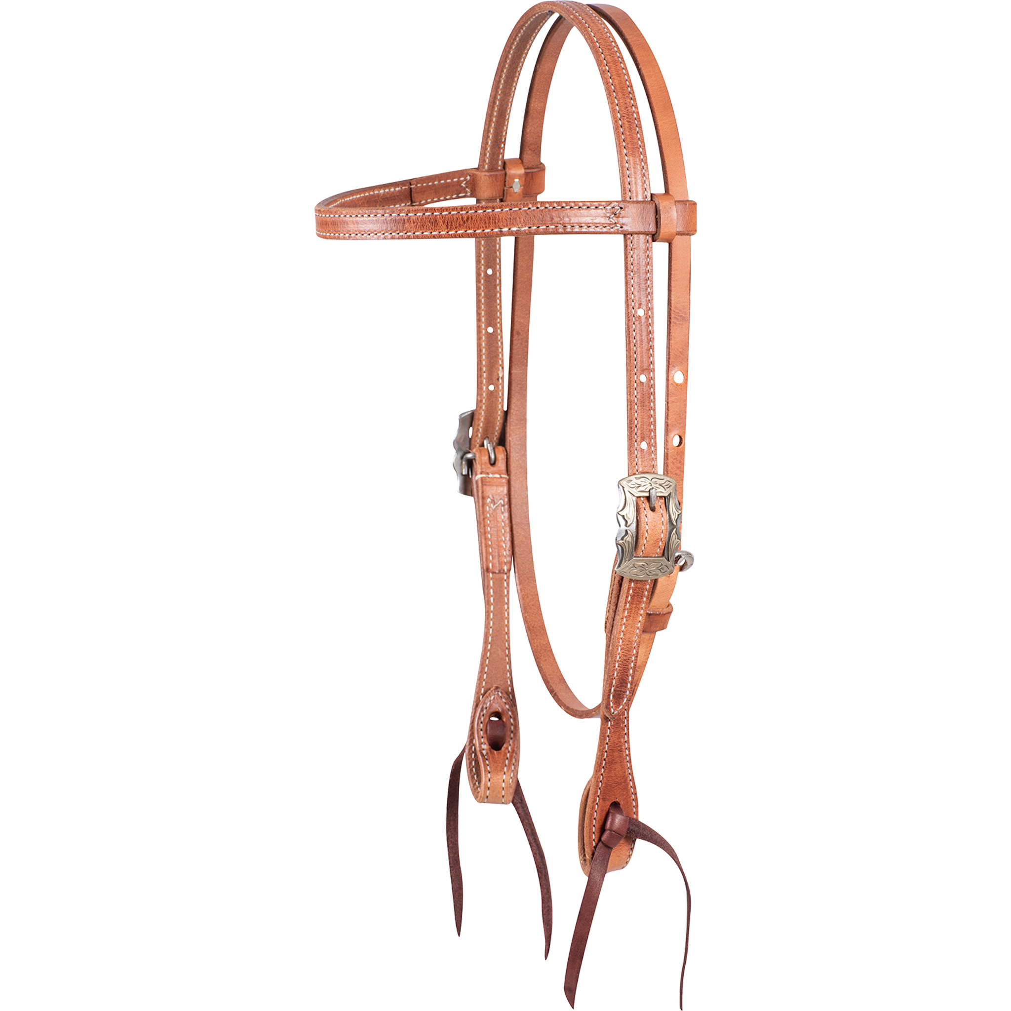 Harness leather browband headstall with Prescott buckles, seen from the front quarter. The stitched 5/8-inch straps end in dark latigo bit ties.