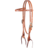Harness leather browband headstall with Prescott buckles, seen from the front quarter. The stitched 5/8-inch straps end in dark latigo bit ties.