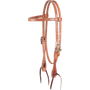 Harness leather browband headstall with Prescott buckles, seen from the front quarter. The stitched 5/8-inch straps end in dark latigo bit ties.
