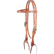 Harness leather browband headstall with Prescott buckles, seen from the front quarter. The stitched 5/8-inch straps end in dark latigo bit ties.