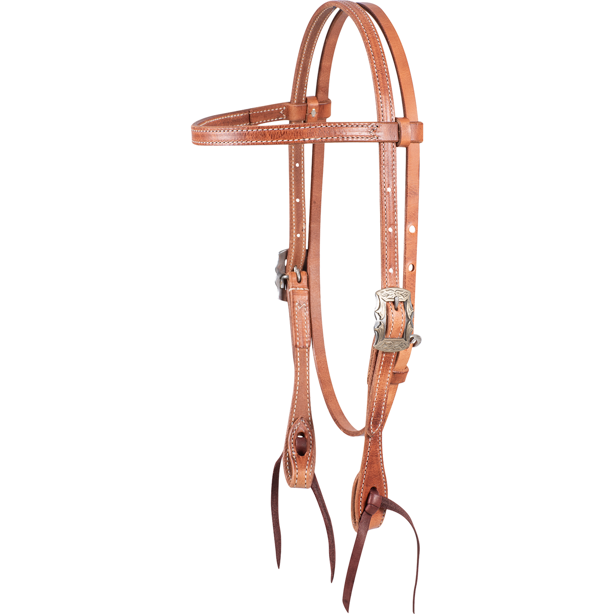 Harness leather browband headstall with Prescott buckles, seen from the front quarter. The stitched 5/8-inch straps end in dark latigo bit ties.