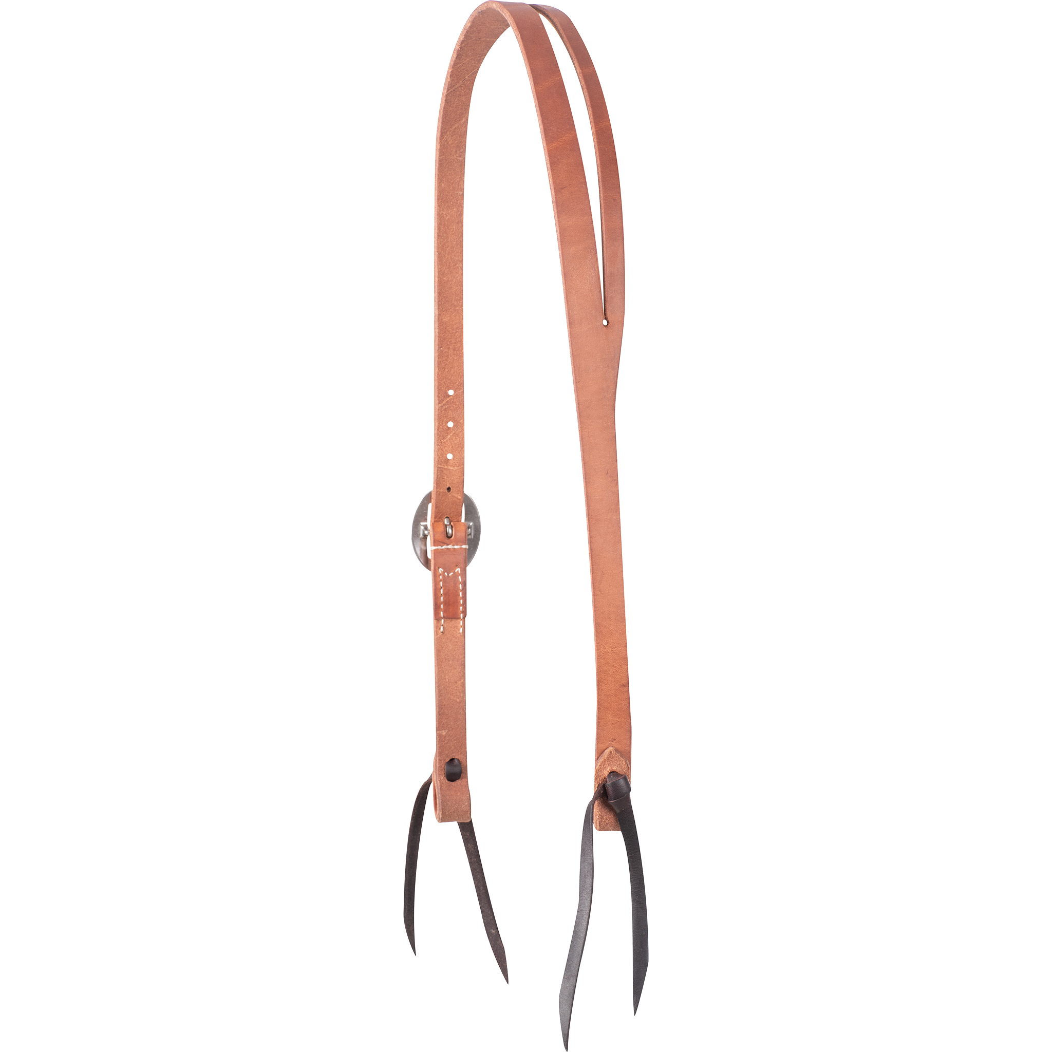 Harness leather split ear headstall with a wide crown, seen from the off side. A slot in the crown forms the ear opening, and the straps taper down to a cart buckle and dark bit ties.