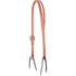 Harness leather split ear headstall with a wide crown, seen from the off side. A slot in the crown forms the ear opening, and the straps taper down to a cart buckle and dark bit ties.