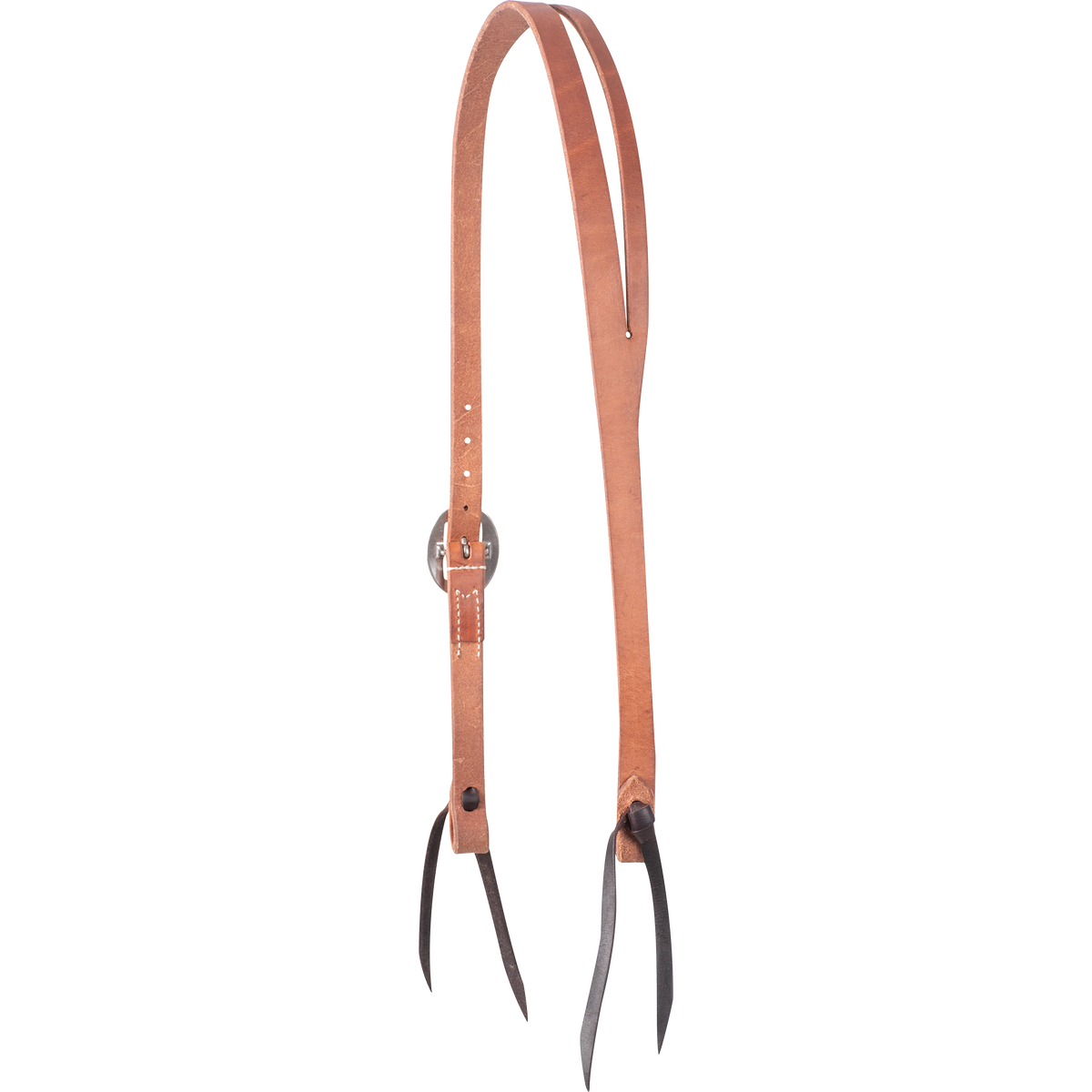 Harness leather split ear headstall with a wide crown, seen from the off side. A slot in the crown forms the ear opening, and the straps taper down to a cart buckle and dark bit ties.