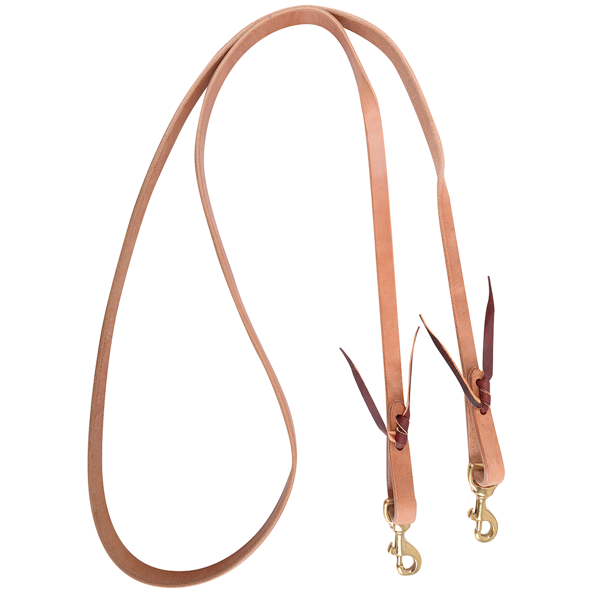 5/8-inch Walt Woodard roping rein, looped and seen from above. Leather ties hold a snap to each end of the Hermann Oak harness leather rein.