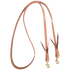 5/8-inch Walt Woodard roping rein, looped and seen from above. Leather ties hold a snap to each end of the Hermann Oak harness leather rein.