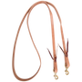 5/8-inch Walt Woodard roping rein, looped and seen from above. Leather ties hold a snap to each end of the Hermann Oak harness leather rein.