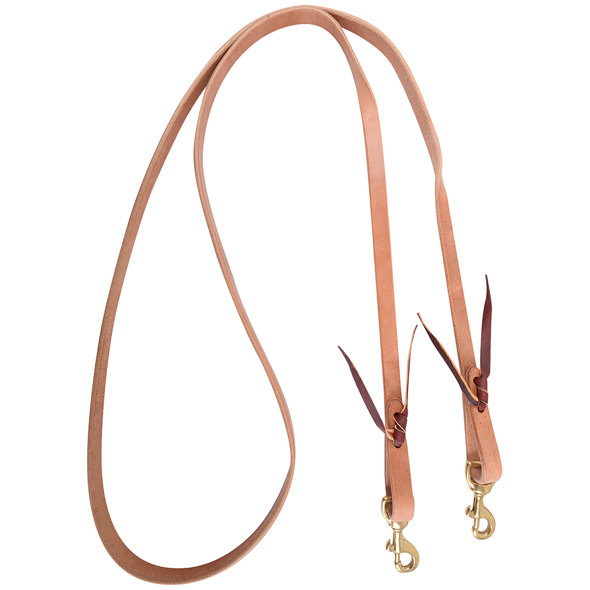5/8-inch Walt Woodard roping rein, looped and seen from above. Leather ties hold a snap to each end of the Hermann Oak harness leather rein.
