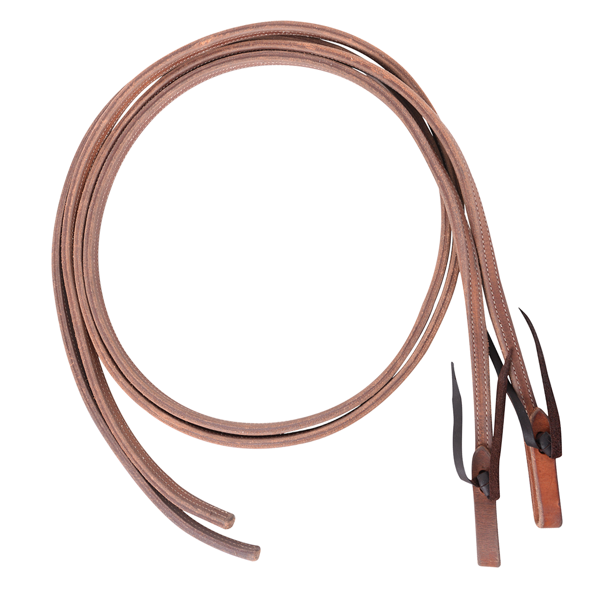 Double-stitched heavy harness split reins, coiled and seen from above. The doubled harness leather is stitched along its length and ends in tied water loops.