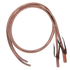 Double-stitched heavy harness split reins, coiled and seen from above. The doubled harness leather is stitched along its length and ends in tied water loops.