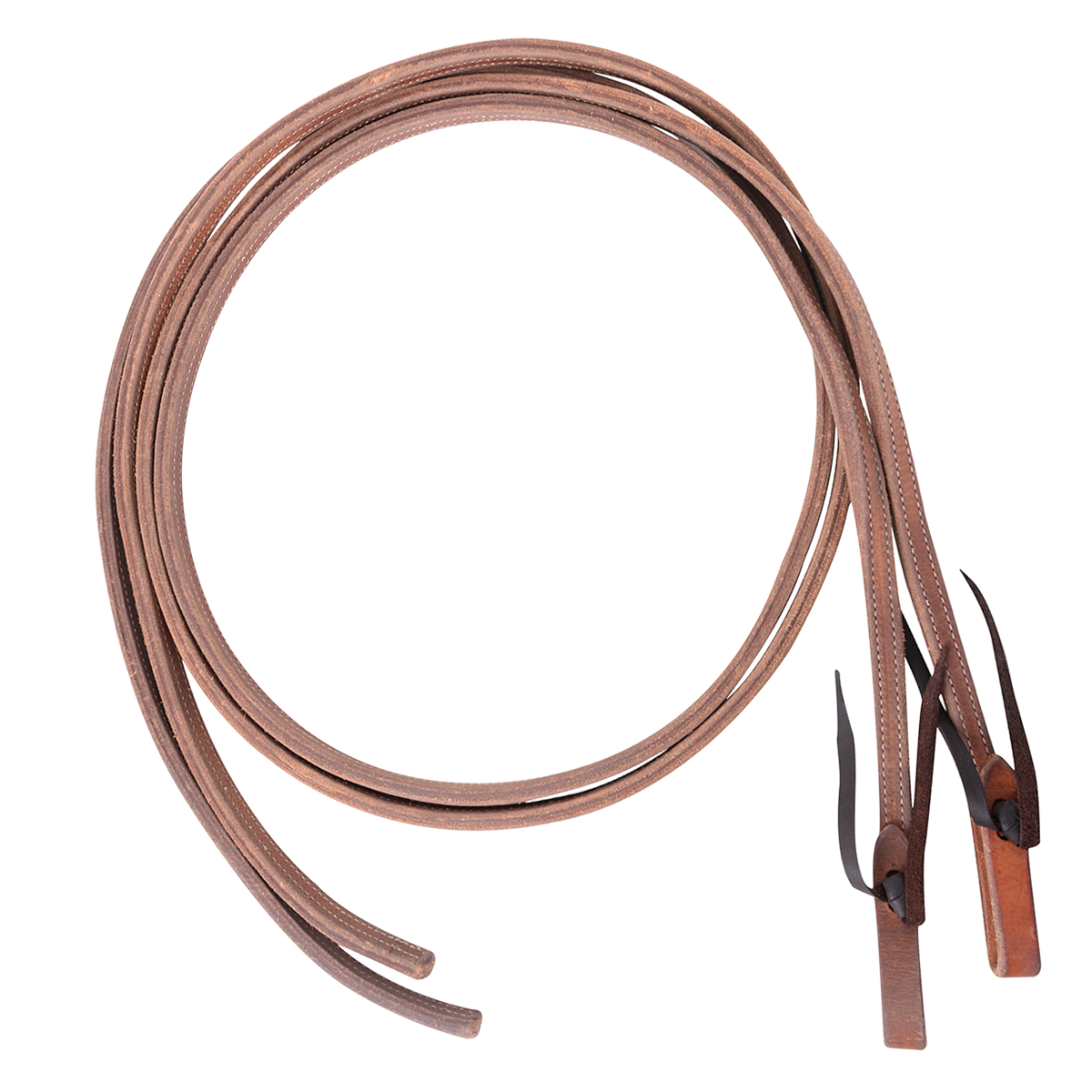 Double-stitched heavy harness split reins, coiled and seen from above. The doubled harness leather is stitched along its length and ends in tied water loops.