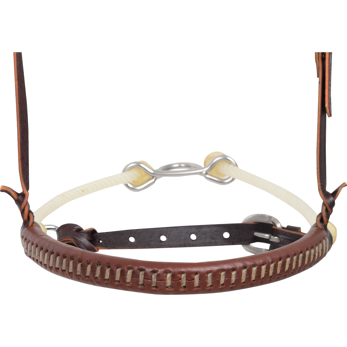 Front of a double rope noseband with cavesson, seen up close. A dark cavesson strap with a buckle runs behind the laced leather nose piece, with rope and a metal connector at the back.