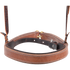 Front of a stitched harness leather noseband with cavesson, seen up close. The dark cavesson strap with its buckle runs inside the wide stitched noseband, with a ring at the back.