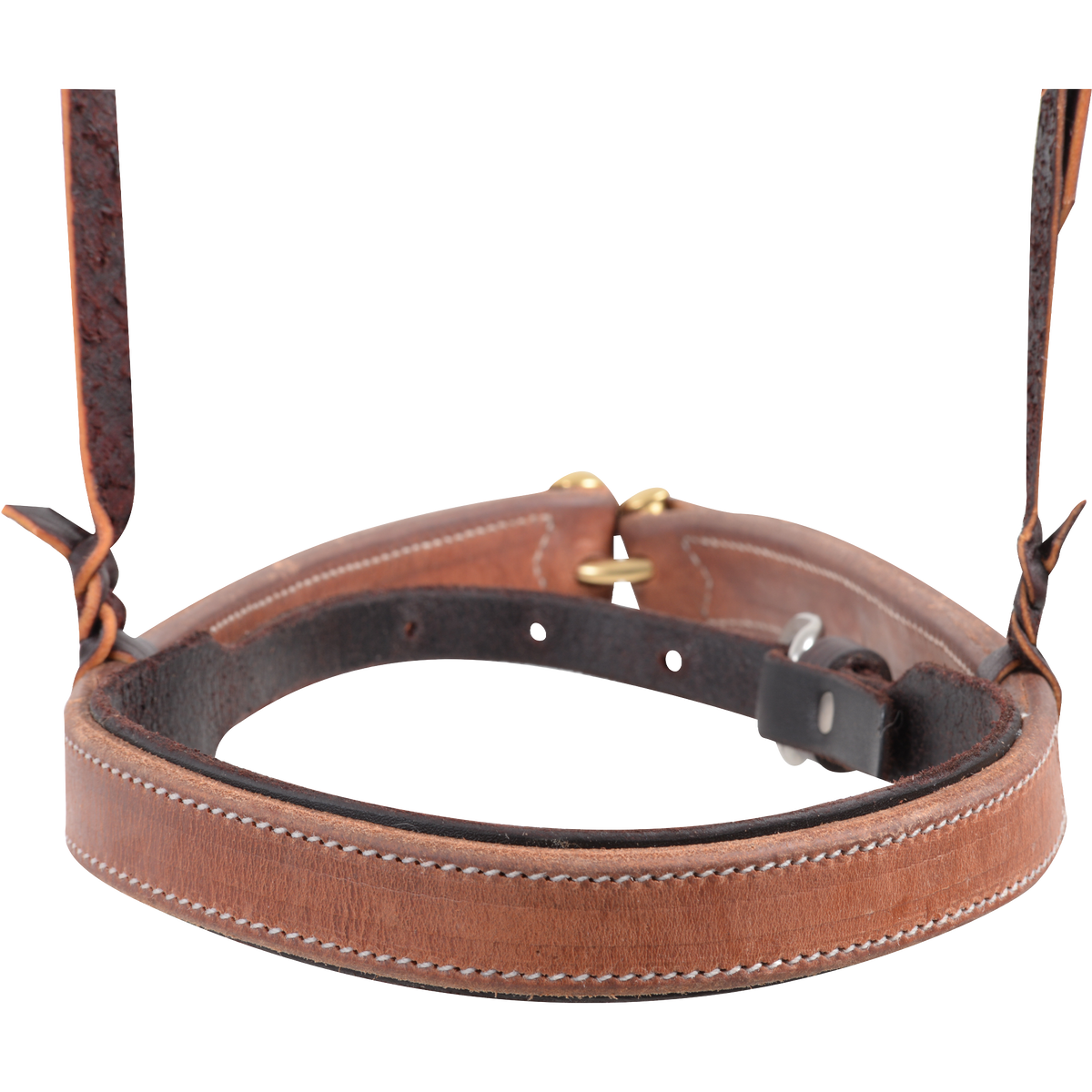 Front of a stitched harness leather noseband with cavesson, seen up close. The dark cavesson strap with its buckle runs inside the wide stitched noseband, with a ring at the back.