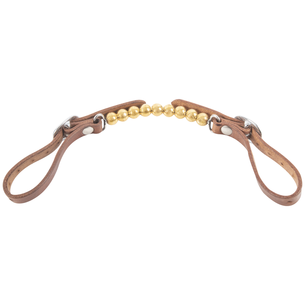 Western curb strap seen from the back with both harness leather ends looped. The arched row of brass balls connects to brown leather straps fitted with stainless steel buckles.