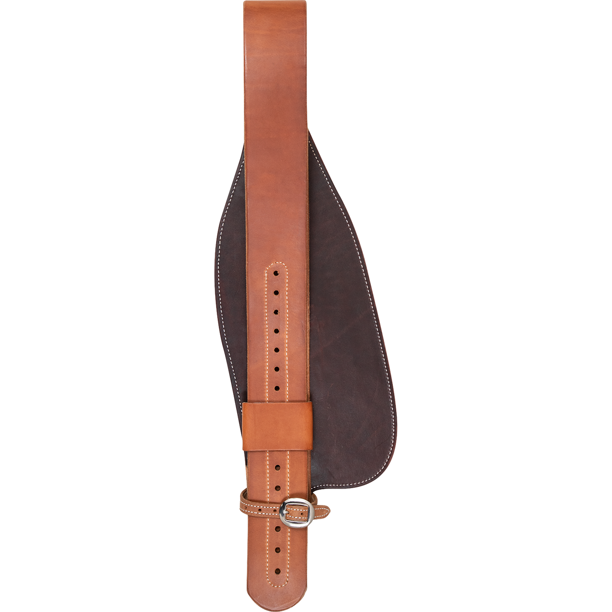 Back of a roper style replacement fender, showing the stirrup leather with its row of adjustment holes. A leather keeper and buckled strap hold the stirrup leather against the dark underside of the fender.