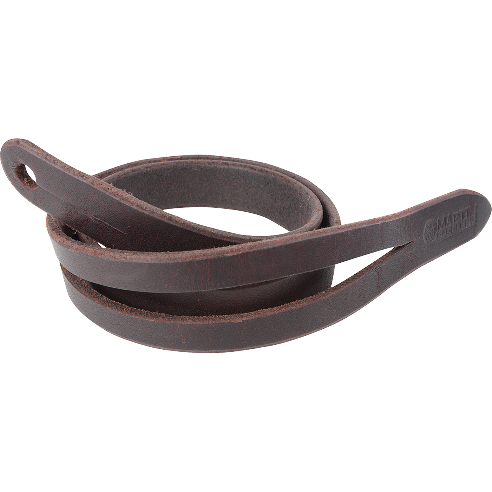 Latigo rope strap, coiled and seen from the front quarter. The dark latigo leather has a slotted end and a Martin Saddlery stamp on the tab.