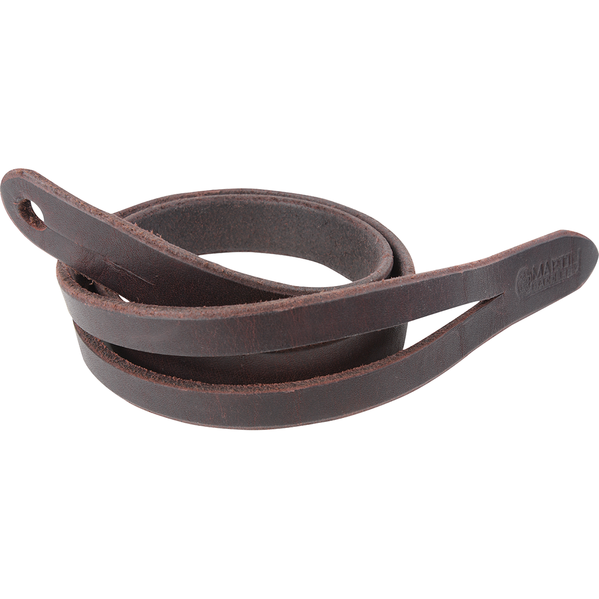 Latigo rope strap, coiled and seen from the front quarter. The dark latigo leather has a slotted end and a Martin Saddlery stamp on the tab.