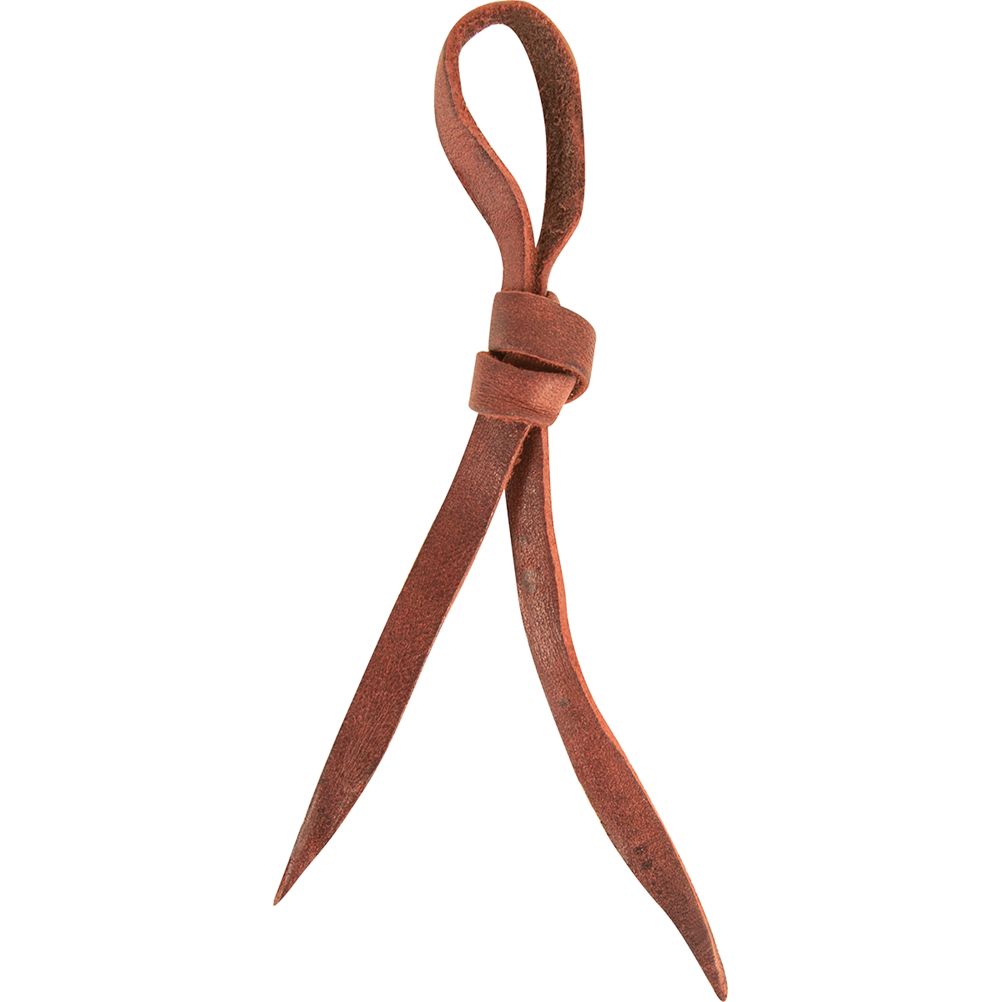 Replacement latigo tie string, seen tied in a loop. The reddish brown latigo knots through itself and ends in tapered tails.