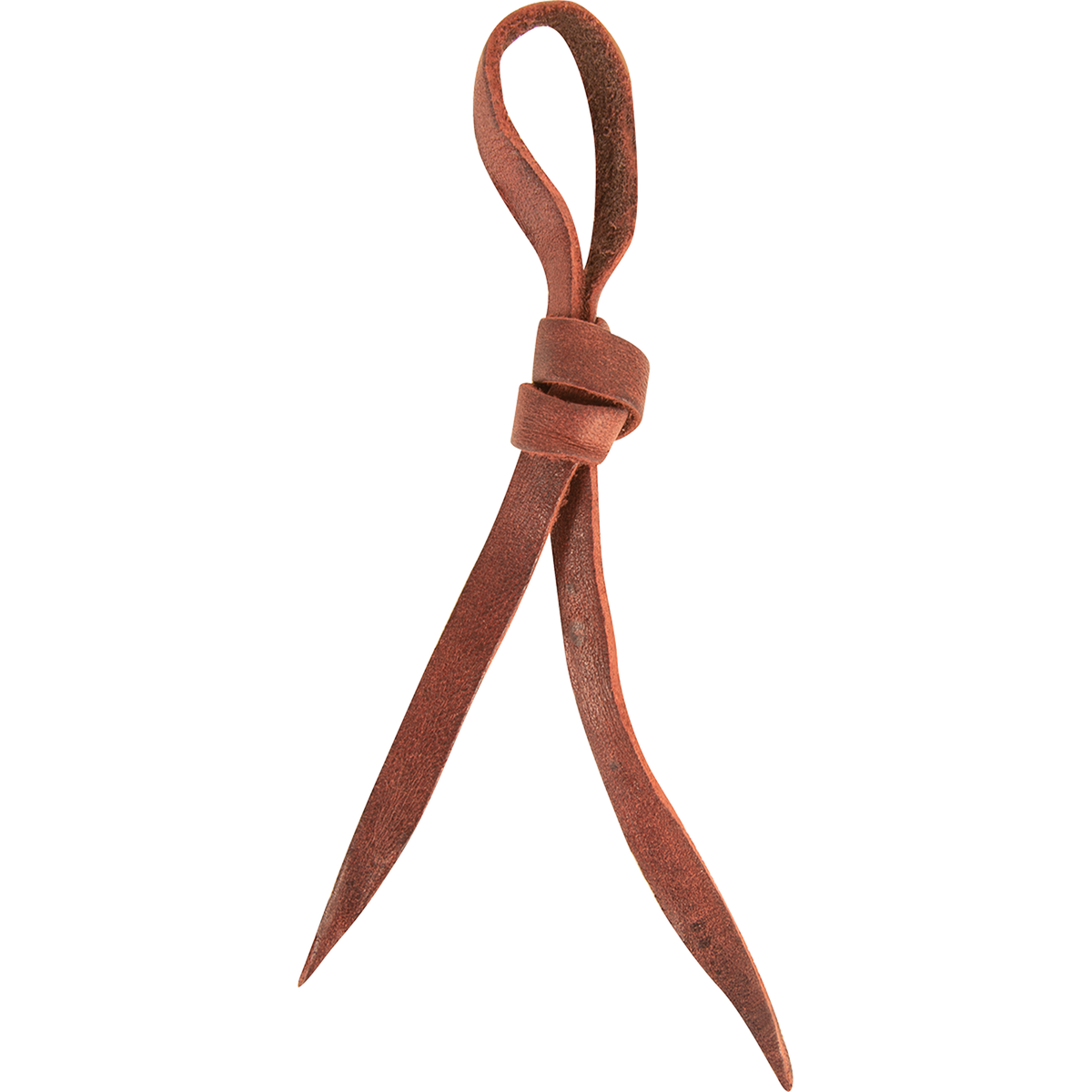Replacement latigo tie string, seen tied in a loop. The reddish brown latigo knots through itself and ends in tapered tails.