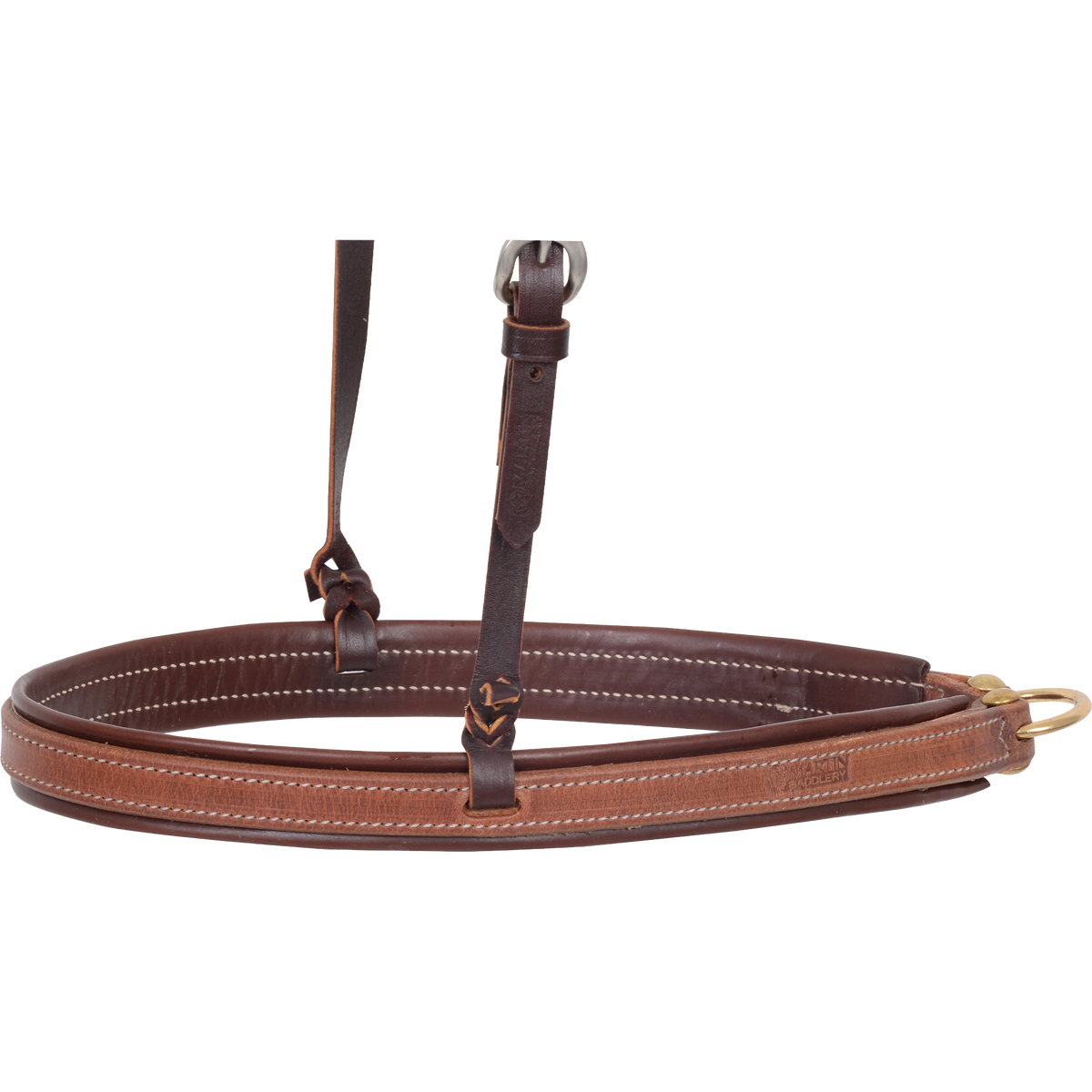 Latigo lined noseband seen from the side, with the natural harness leather face stitched over a darker lining. Knotted hangers hold the nose piece, and a ring sits at the back.