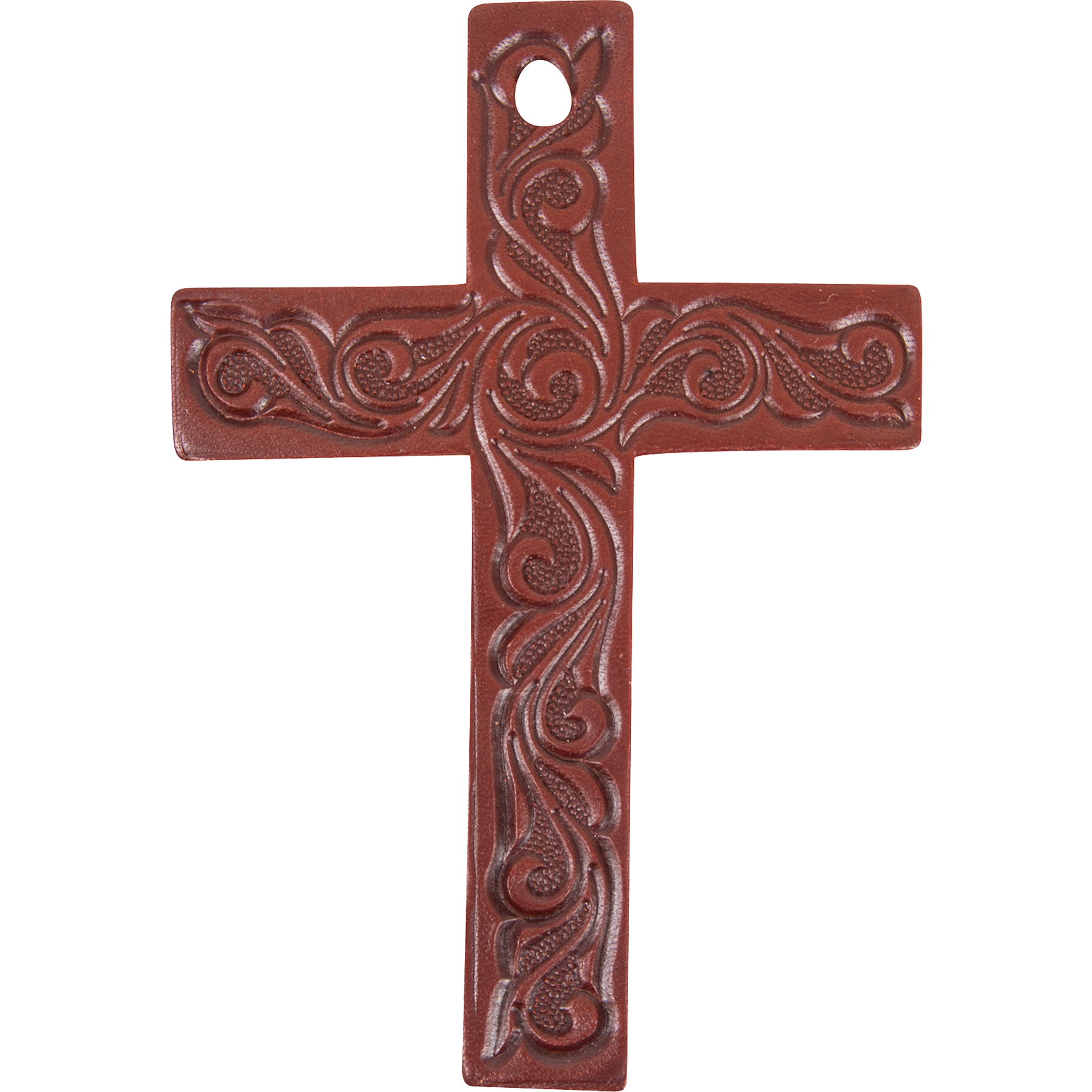 Leather cross air freshener, seen from the front. Scroll tooling fills the reddish brown leather, with a hole at the top for hanging.