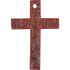 Leather cross air freshener, seen from the front. Scroll tooling fills the reddish brown leather, with a hole at the top for hanging.