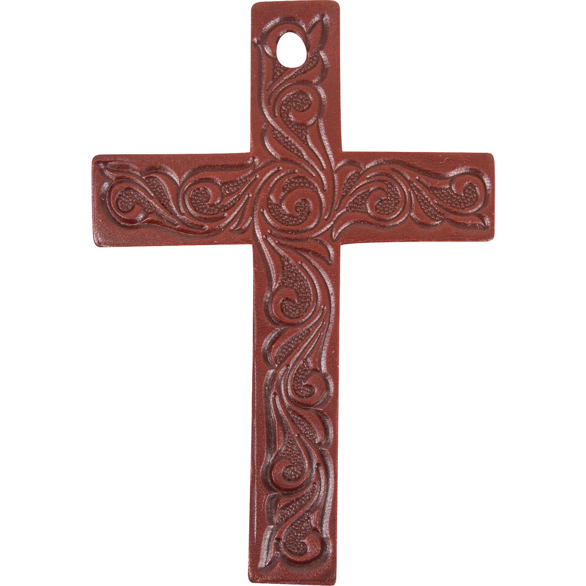 Leather cross air freshener, seen from the front. Scroll tooling fills the reddish brown leather, with a hole at the top for hanging.