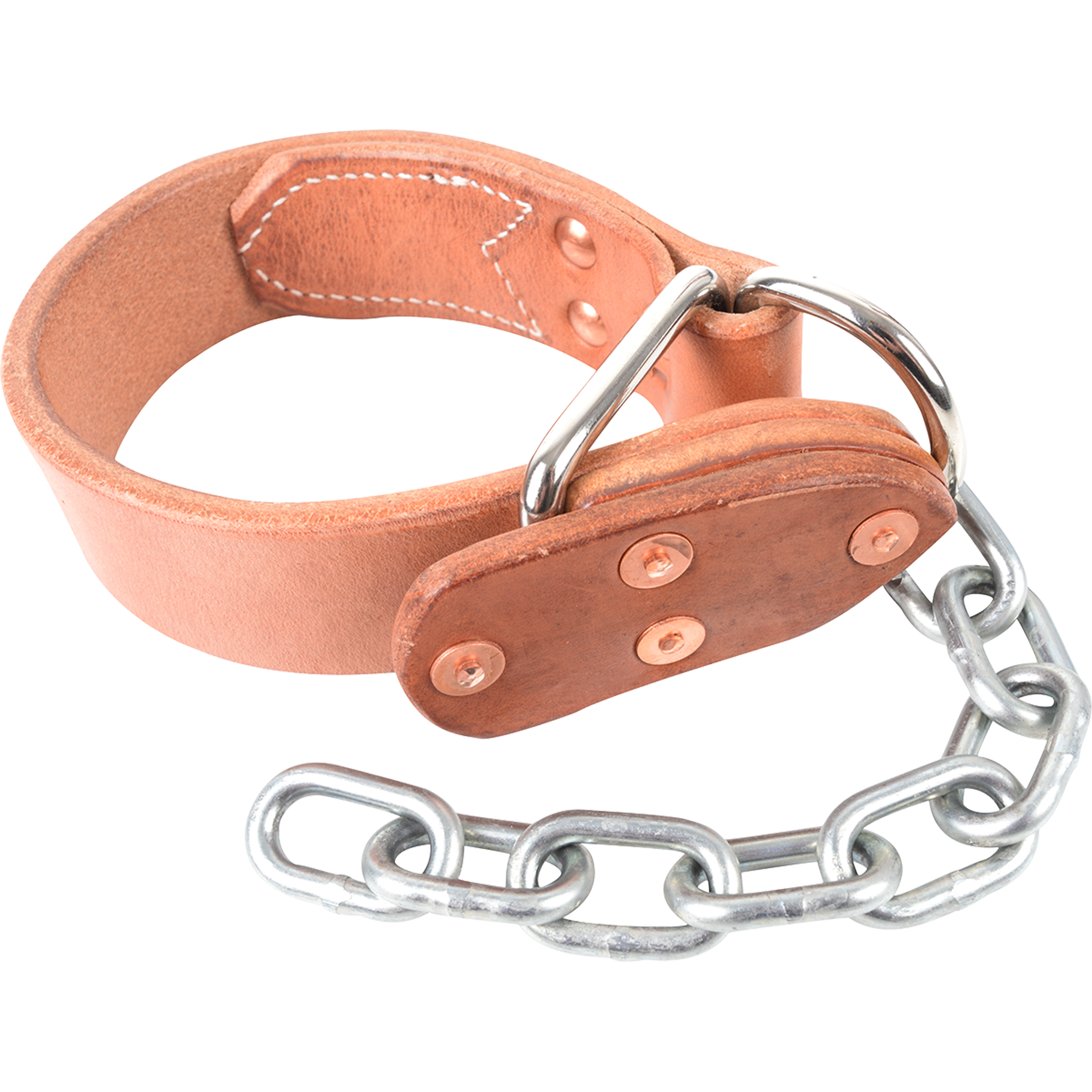 Leather kick chain, seen from the front quarter. The light leather strap is riveted at a metal ring that holds a short length of chain.