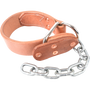 Leather kick chain, seen from the front quarter. The light leather strap is riveted at a metal ring that holds a short length of chain.