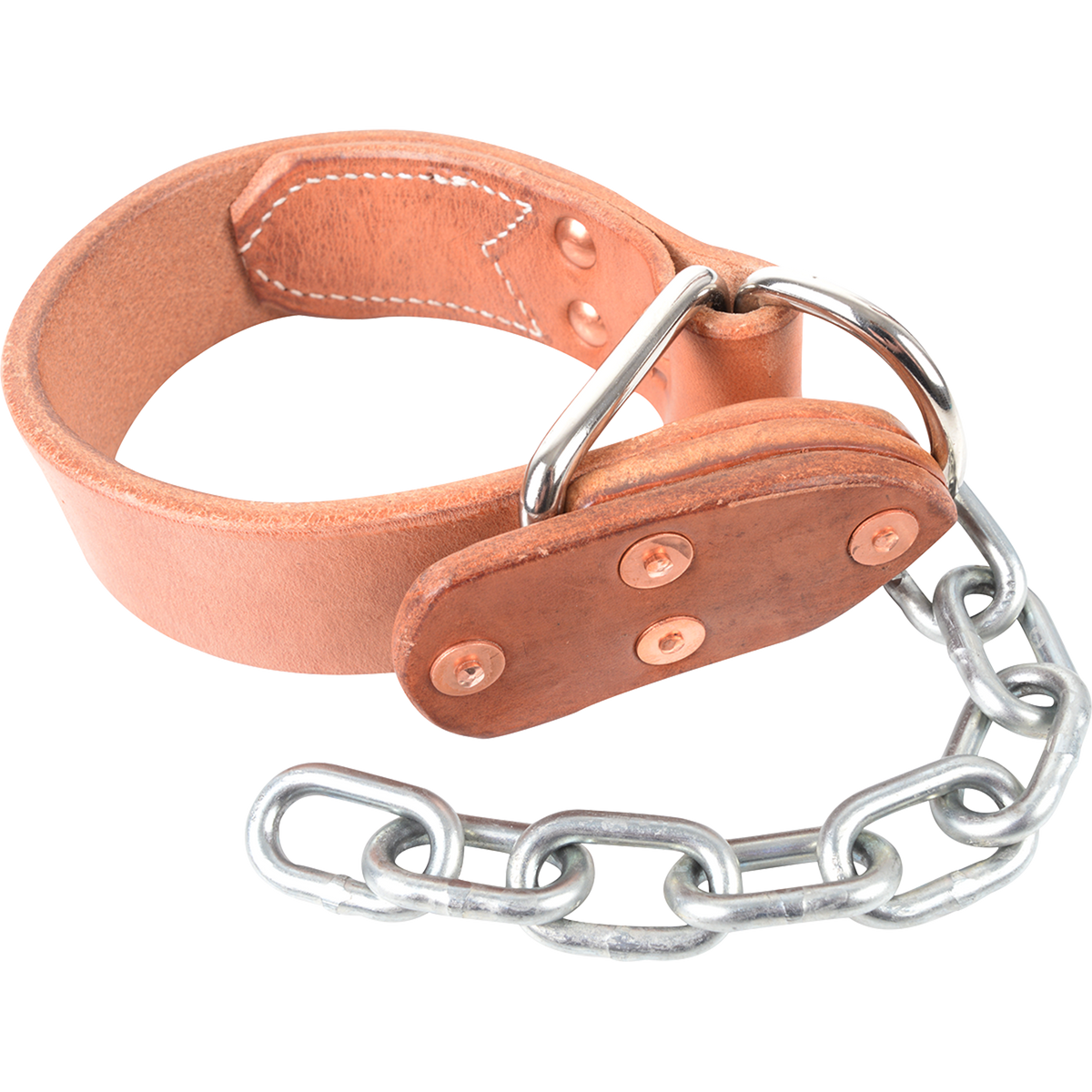Leather kick chain, seen from the front quarter. The light leather strap is riveted at a metal ring that holds a short length of chain.