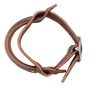 Leather night latch, seen from above. The dark leather strap forms a rolled, stitched handle and closes with a buckle.