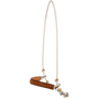 Rope headsetter tiedown with a leather nose, seen from the front quarter. White rope forms the poll loop, and a stitched leather cover wraps the noseband between knots and rings.