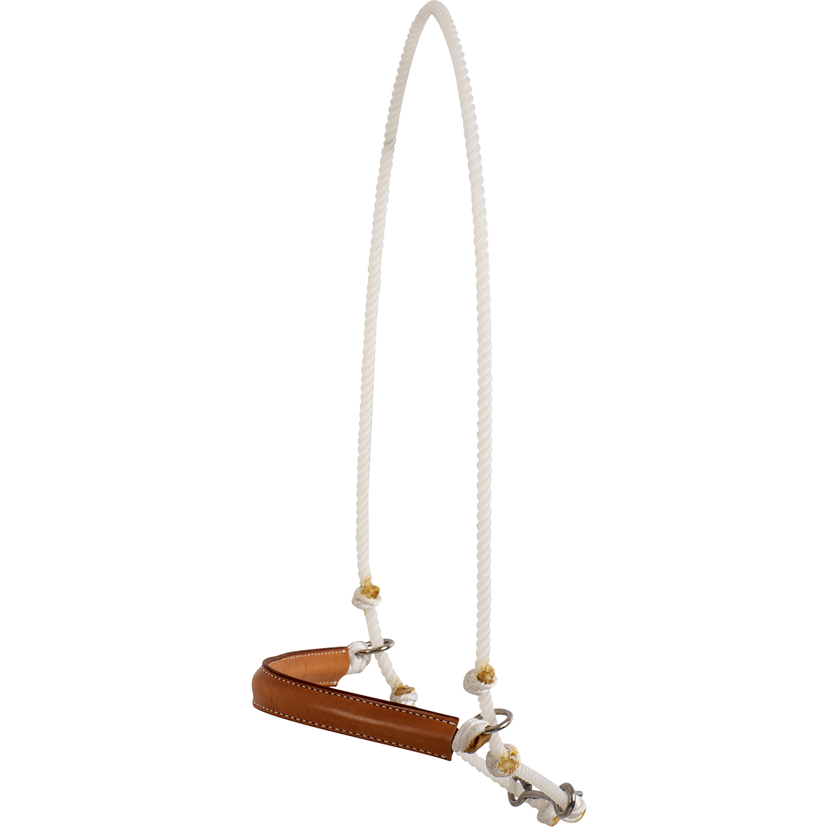 Rope headsetter tiedown with a leather nose, seen from the front quarter. White rope forms the poll loop, and a stitched leather cover wraps the noseband between knots and rings.