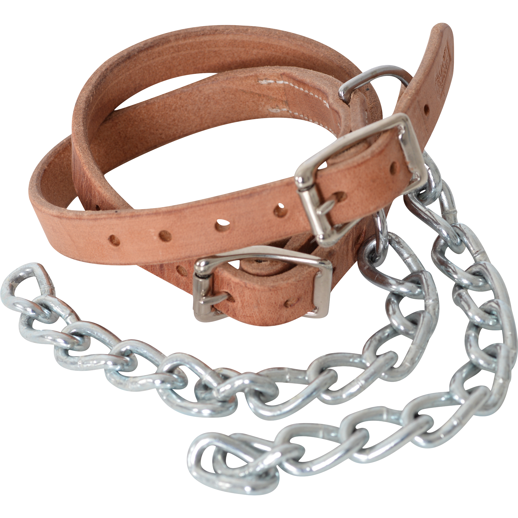 Pair of leather pawing chains, seen from above. The light leather straps have roller buckles and punched holes, and a length of chain hangs from each.