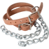 Pair of leather pawing chains, seen from above. The light leather straps have roller buckles and punched holes, and a length of chain hangs from each.
