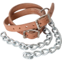 Pair of leather pawing chains, seen from above. The light leather straps have roller buckles and punched holes, and a length of chain hangs from each.