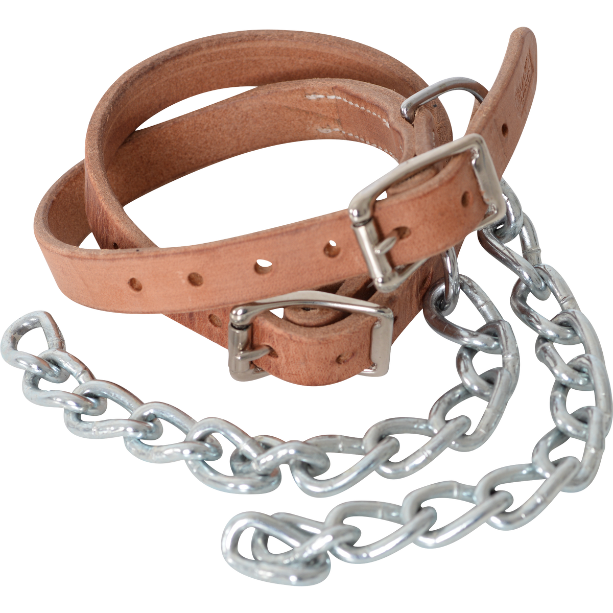 Pair of leather pawing chains, seen from above. The light leather straps have roller buckles and punched holes, and a length of chain hangs from each.
