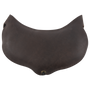 Leather seat shrinker, seen from above. The dark chap leather pad is shaped to the cantle, with a grommet at the center of the front edge.